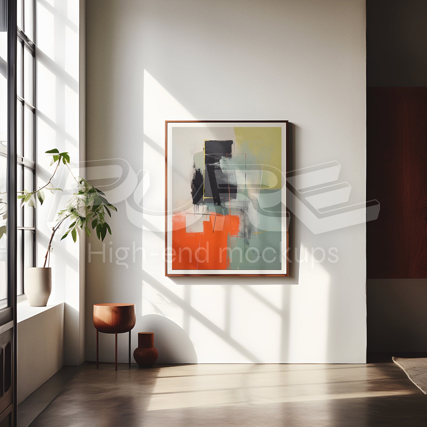 Sunny room, wooden frame mockup | 3:4 Frame Ratio